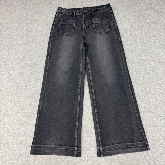 Jeans Denim - Jeans Wide Leg Denim Pants XL Black Faded Wash High Rise Patch Pockets 2096